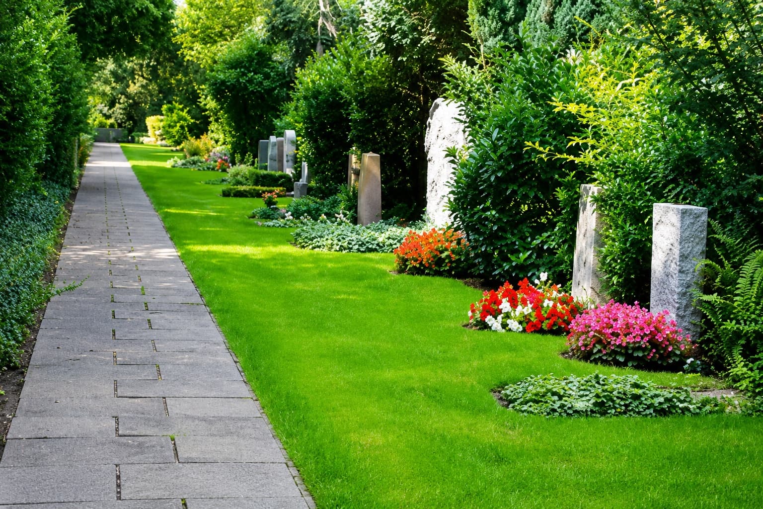 Gepflegter Friedhofsweg mit Grabsteinen und Blumen im Grünen