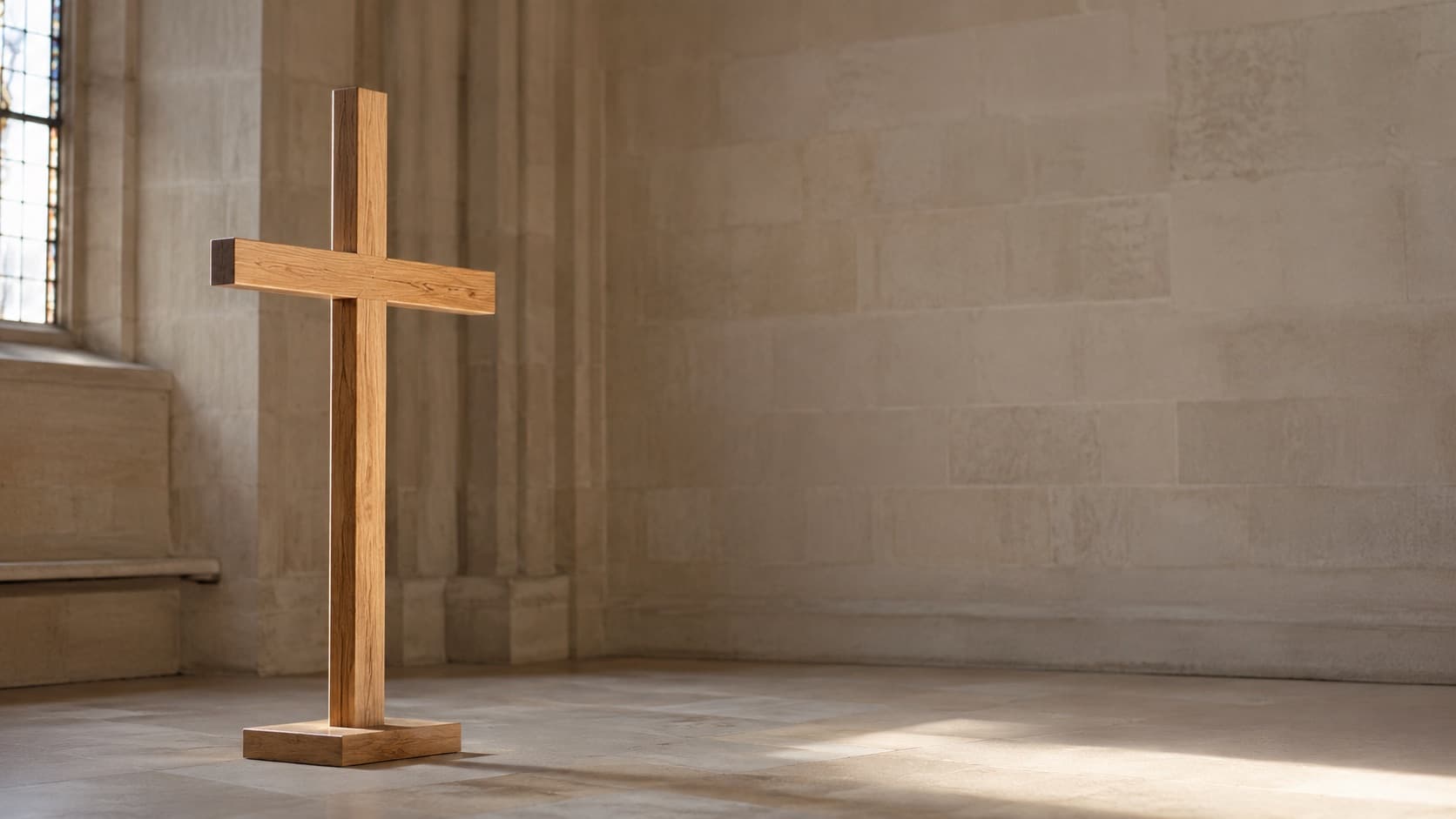 Schlichtes Holzkreuz in einer hellen, lichtdurchfluteten Kirche