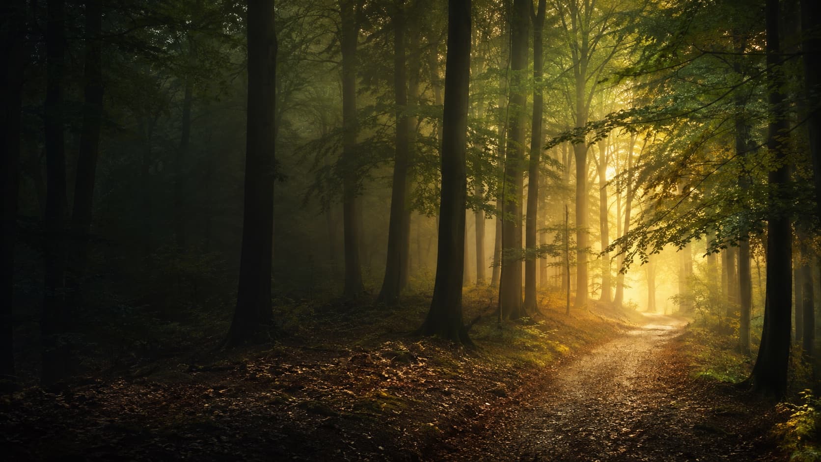 Sonnendurchfluteter Waldweg mit warmem Morgenlicht