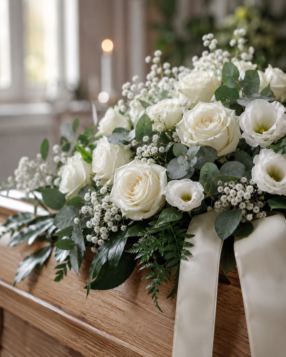 Weißer Rosenschmuck auf einem hellen Holzsarg