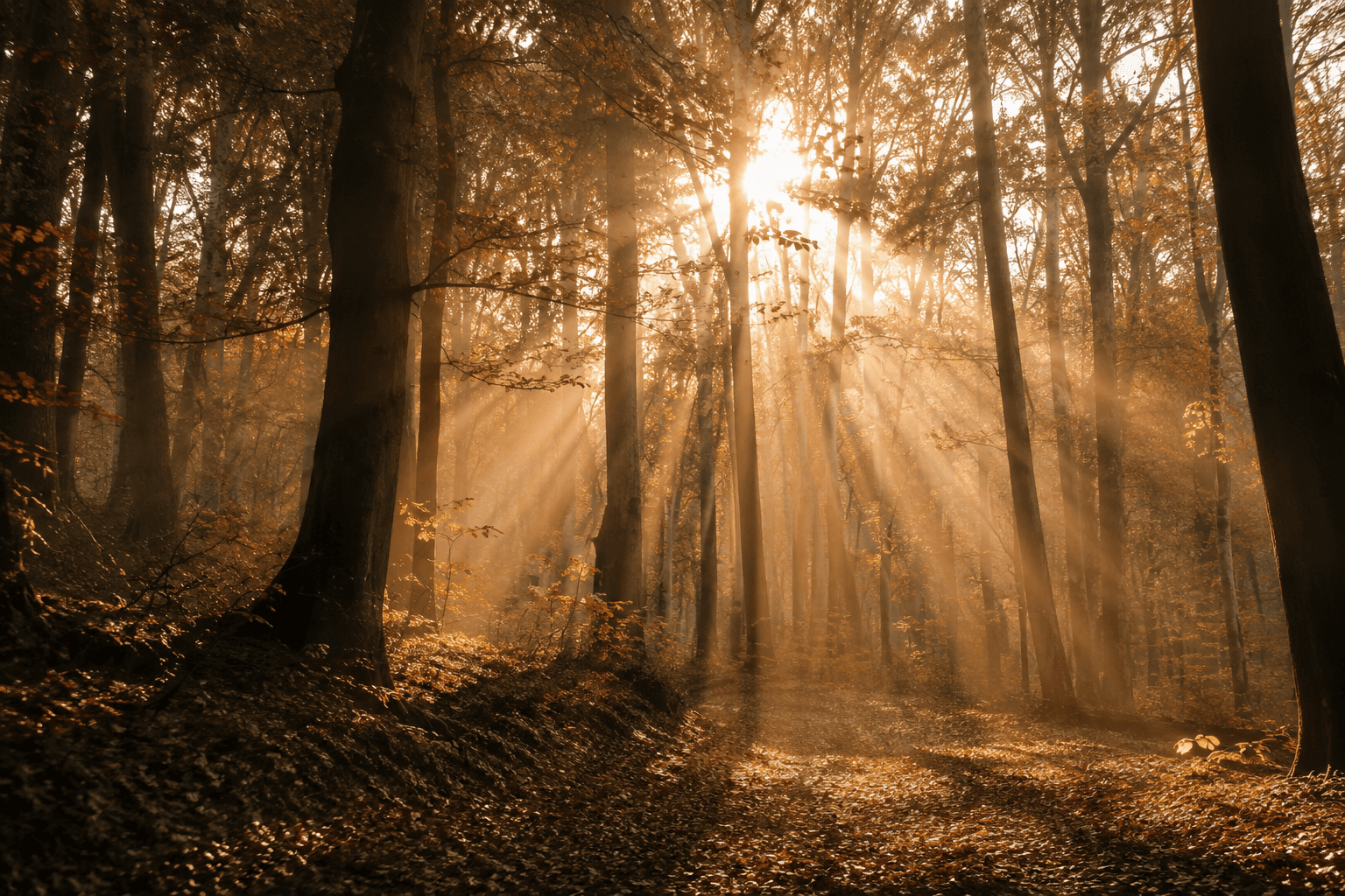 Sonnenstrahlen, die durch die Bäume eines stillen Waldes fallen