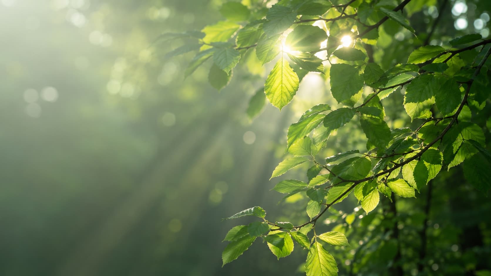 Grüne Blätter im Gegenlicht mit sanften Sonnenstrahlen